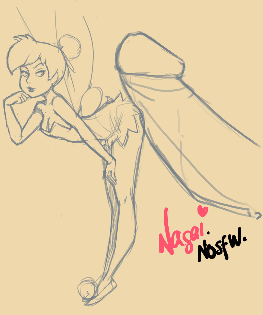 1girl bent_over clothed disney erect_penis erection female looking_at_penis size_difference tinker_bell wings