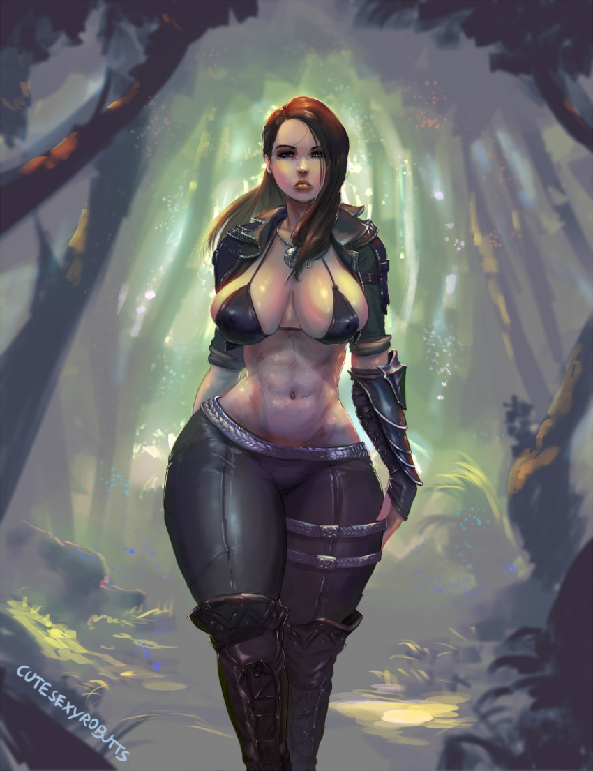 1girl 1girl abs blue_eyes bra breasts cleavage cutesexyrobutts elder_scrolls erect_nipples long_hair looking_at_viewer navel original pursed_lips red_hair shiny shiny_skin skyrim standing thick_thighs thighs toned wide_hips