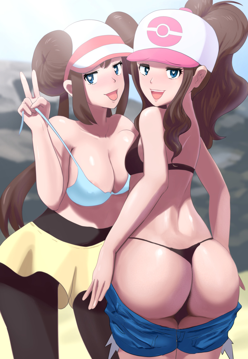 1girl 2_girls :d :p ass asymmetrical_docking back bare_back bareback baseball_cap beach black_bra black_legwear black_panties blue_bra blue_eyes blue_sky blush bra breast-to-breast breast_press breasts brown_hair clothed_female dat_ass day denim denim_shorts dimples_of_venus functionally_nude half-closed_eyes hat heart heart-shaped_pupils high_resolution hilda hilda_(pokemon) hips kurorekishiman looking_at_viewer looking_back low_twintails mei_(pokemon) multiple_girls naughty_face nintendo nipples no_bra nopan open_mouth outside panties pants pantyhose pokemon pokemon_(game) pokemon_black_&amp;_white pokemon_black_2_&amp;_white_2 pokemon_bw pokemon_character ponytail protagonist_(pokemon) pubic_hair pussy rosa rosa_(pokemon) shorts shorts_pull sideboob skirt sky small_breasts smile symbol-shaped_pupils take_your_pick tied_hair tongue topless touko_(pokemon) twin_tails uncensored underwear undressing v very_high_resolution visor_cap