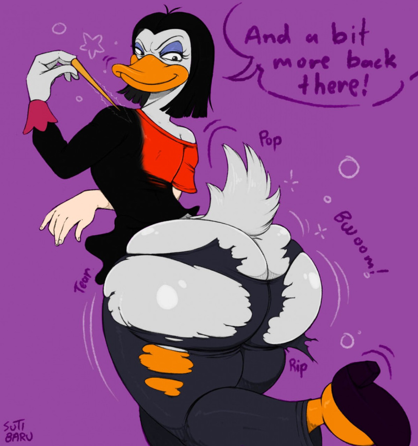 1girl anthro ass avian big_ass bird black_hair butt_expansion clothing disney duck ducktales english_text eyeshadow feathers furry gigantic_ass hair high_res looking_back magic magica_de_spell makeup smile standing sutibaruart tearing_clothes text torn_clothing white_feathers
