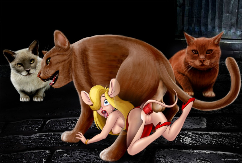 1girl 3boys anal anal_penetration anal_sex anthro anthro_mouse beastiality blonde_hair blue_eyes cat chip_'n_dale_rescue_rangers doggy_position extro feline female_anthro female_anthro_mouse feral_on_anthro from_behind furry gadget_hackwrench high_heels lipstick male/female mouse mouse_ears mouse_tail no_bra open_mouth penis_in_ass red_high_heels rodent sideboob tail tongue_out