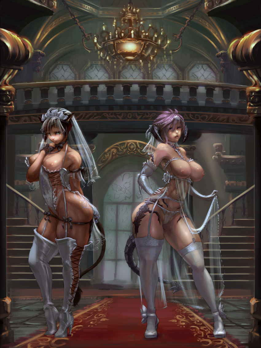 2_girls abs animal_ears animal_tail areola black_hair breasts bride corset cutesexyrobutts dark-skinned_female dark_skin elbow_gloves final_fantasy final_fantasy_xiv garter_belt garter_straps high_heels multiple_girls nipples original panties purple_hair shiny shiny_skin skindentation standing stockings thick_thighs thighs toned white_clothes white_panties wide_hips