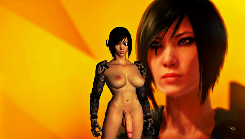 1girl 3d background big_breasts black_hair blue_eyes breasts cock cybernetics faith_connors female female_human female_only futanari games human human_only large_breasts legs mirror's_edge nipples nude nude_female penis posing render short_hair simple_background solo solo_female testicles video_games xnalara xps