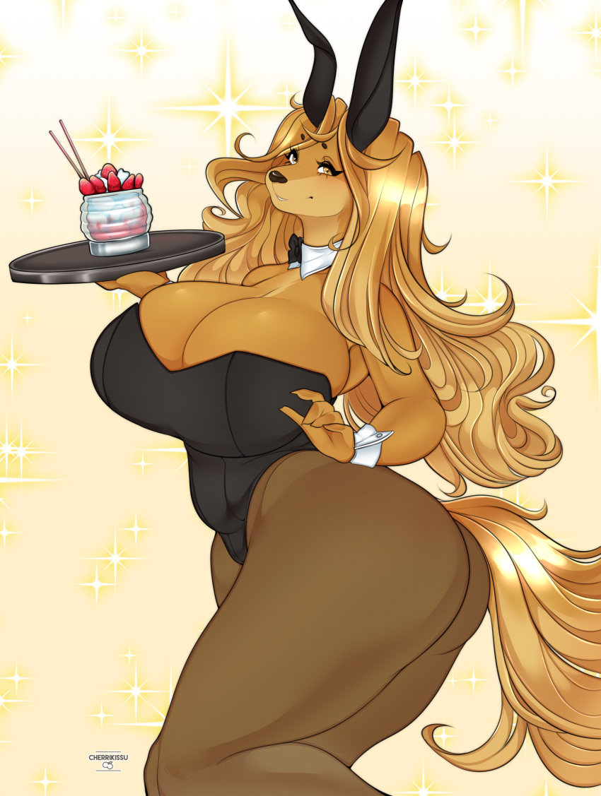 1girl 2018 anthro ass big_ass big_breasts breasts bunny_costume bunnysuit canine cherrikissu cleavage clothed clothing cosplay digital_media_(artwork) dog dogmom_(cherrikissu) furry hair holding_object huge_breasts long_hair looking_at_viewer mabel_(cherrikissu) mammal original saluki smile thick_thighs