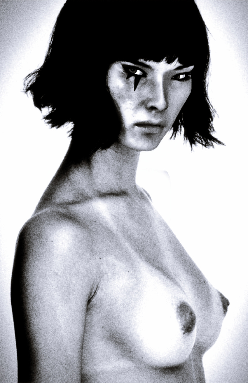 1girl background black_and_white close-up eyebrows eyelashes eyeliner eyes eyeshadow faith_connors female female_human female_only games half_naked half_nude human human_only mirror's_edge photo_manipulation photoshop posing simple_background solo solo_female tan_line topless video_games xnalara xps