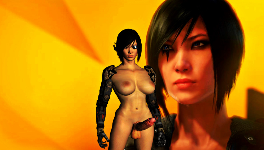 1girl 3d background black_hair blue_eyes breasts cybernetics dickgirl dickgirl/female erect erect_penis erection faith_connors female female_human female_only games human human_only large_breasts legs mirror's_edge nipples nude nude_female penis posing render shemale short_hair simple_background solo solo_female testicles video_games xnalara xps