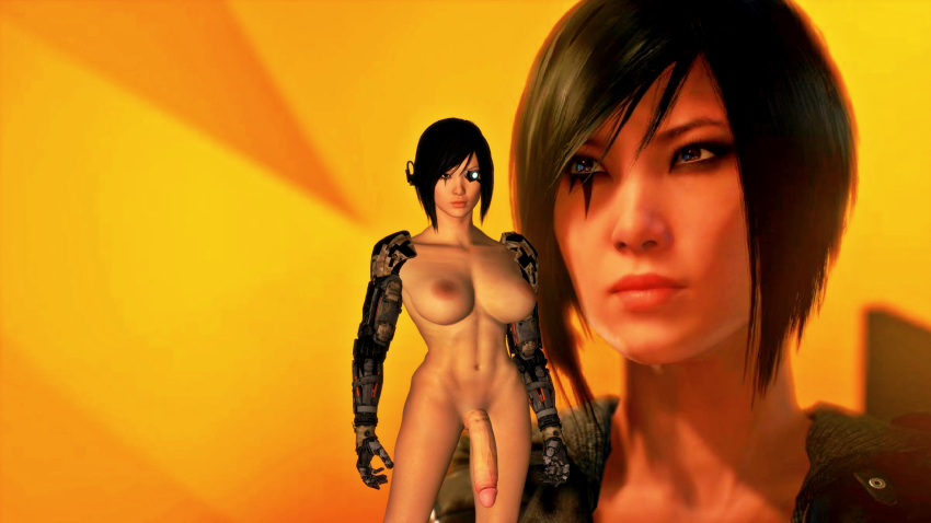 1girl 3d background black_hair blue_eyes breasts cybernetics dickgirl dickgirl/female faith_connors female female_human female_only futa futanari games human human_only large_breasts legs mirror's_edge nipples nude nude_female penis posing render short_hair simple_background solo solo_female video_games xnalara xps
