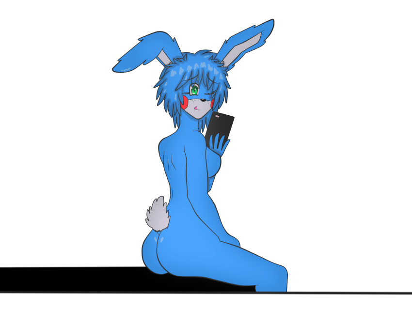 ass blue_hair blue_skin bonnie_(fnaf) bonnie_(fnia) bunny_ears bunny_tail five_nights_at_freddy's five_nights_in_anime fnia fnia_hentai furry green_eyes nude robot robot_girl selfpic