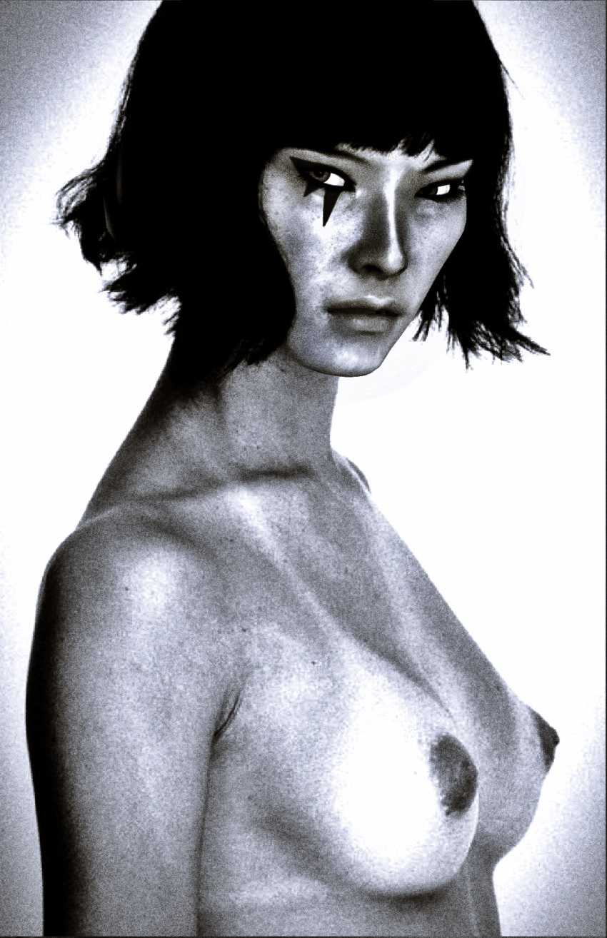 1girl black_and_white breasts close-up erect_nipples eyebrows eyelashes eyes eyeshadow faith_connors female female_human female_only games half_naked half_nude human human_only mirror's_edge nipples photo_manipulation photoshop posing solo solo_female topless video_games xnalara xps