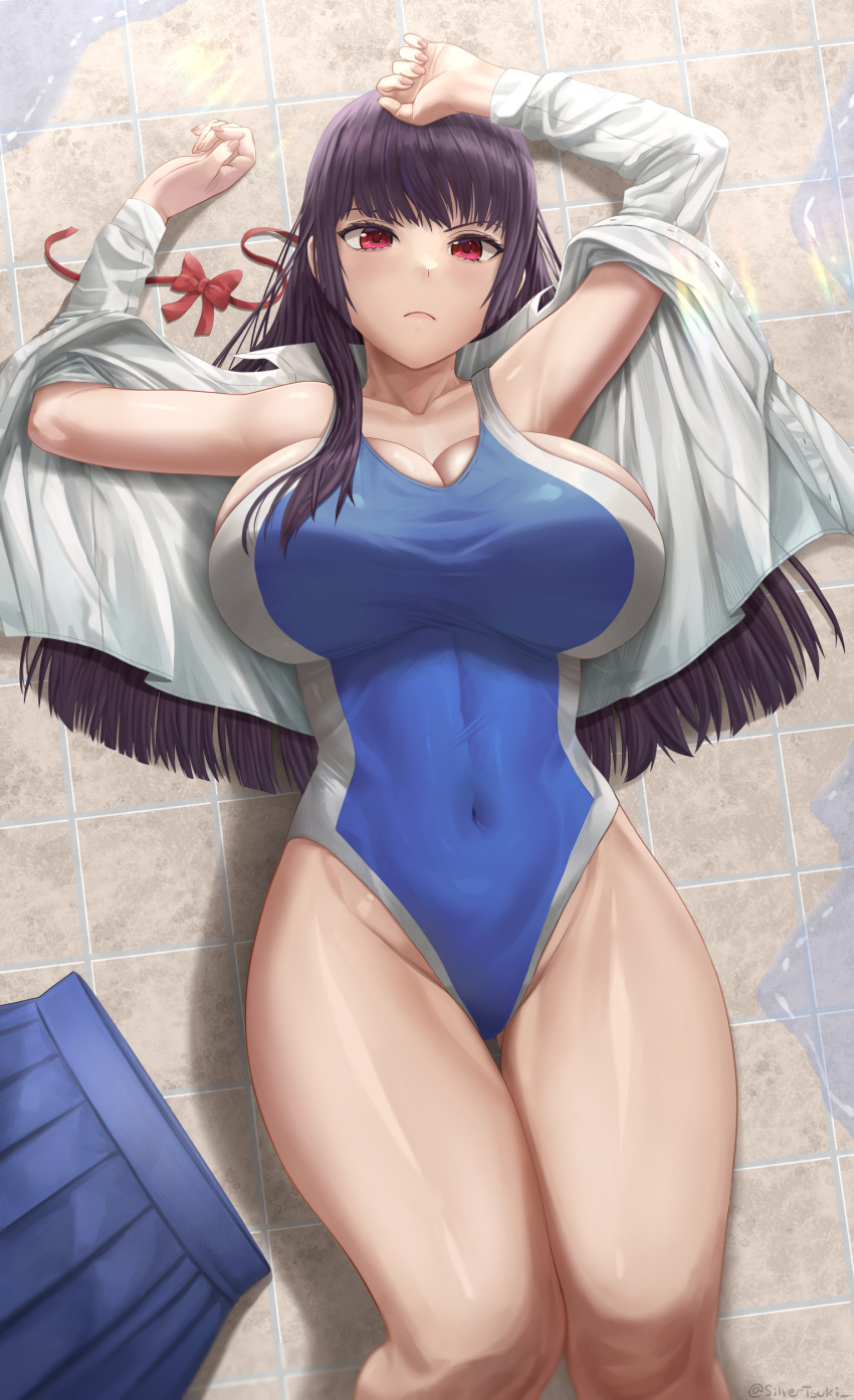 1girl big_breasts black_hair breasts cleavage competition_swimsuit curvy curvy_figure female_focus high_res ijiranaide_nagatoro-san long_hair navel on_back one-piece_swimsuit please_don't_bully_me,_nagatoro pose president_(nagatoro) red_eyes sana_sunomiya silvertsuki simple_background skin_tight swimsuit thick_thighs wide_hips
