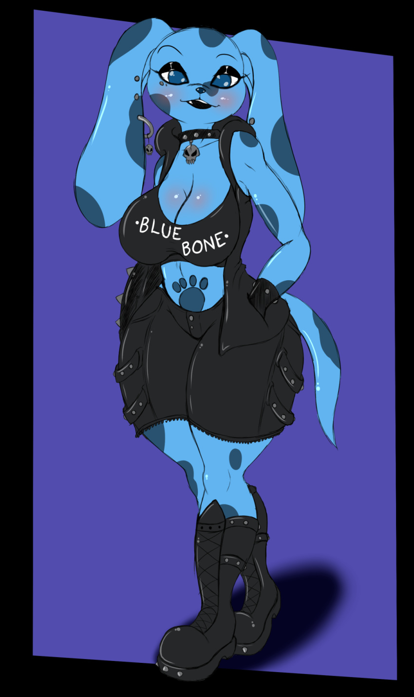 1girl 2018 anthro big_breasts blue's_clues blue_(blue's_clues) blue_eyes boots breasts canine cleavage clothed clothing collar dog ear_piercing english_text footwear furry goth hand_in_pocket high_res huge_breasts long_ears looking_at_viewer makeup mammal nick_jr. nickelodeon piercing simple_background suirano text