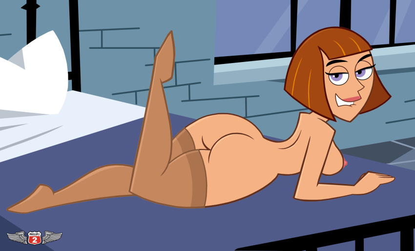 ass biting_lip danny_phantom looking_at_viewer looking_back madeline_fenton nude on_bed phillipthe2 stockings tapdon