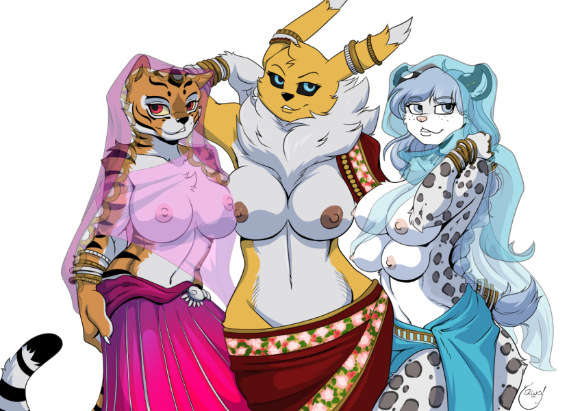 1girl 4_breasts anthro breast_size_difference breasts clothed clothing digimon feline furry group kung_fu_panda looking_at_viewer mammal master_tigress multi_breast nipples renamon sheer_clothing smile standing tiger topless translucent transparent_clothing wide_hips yawg