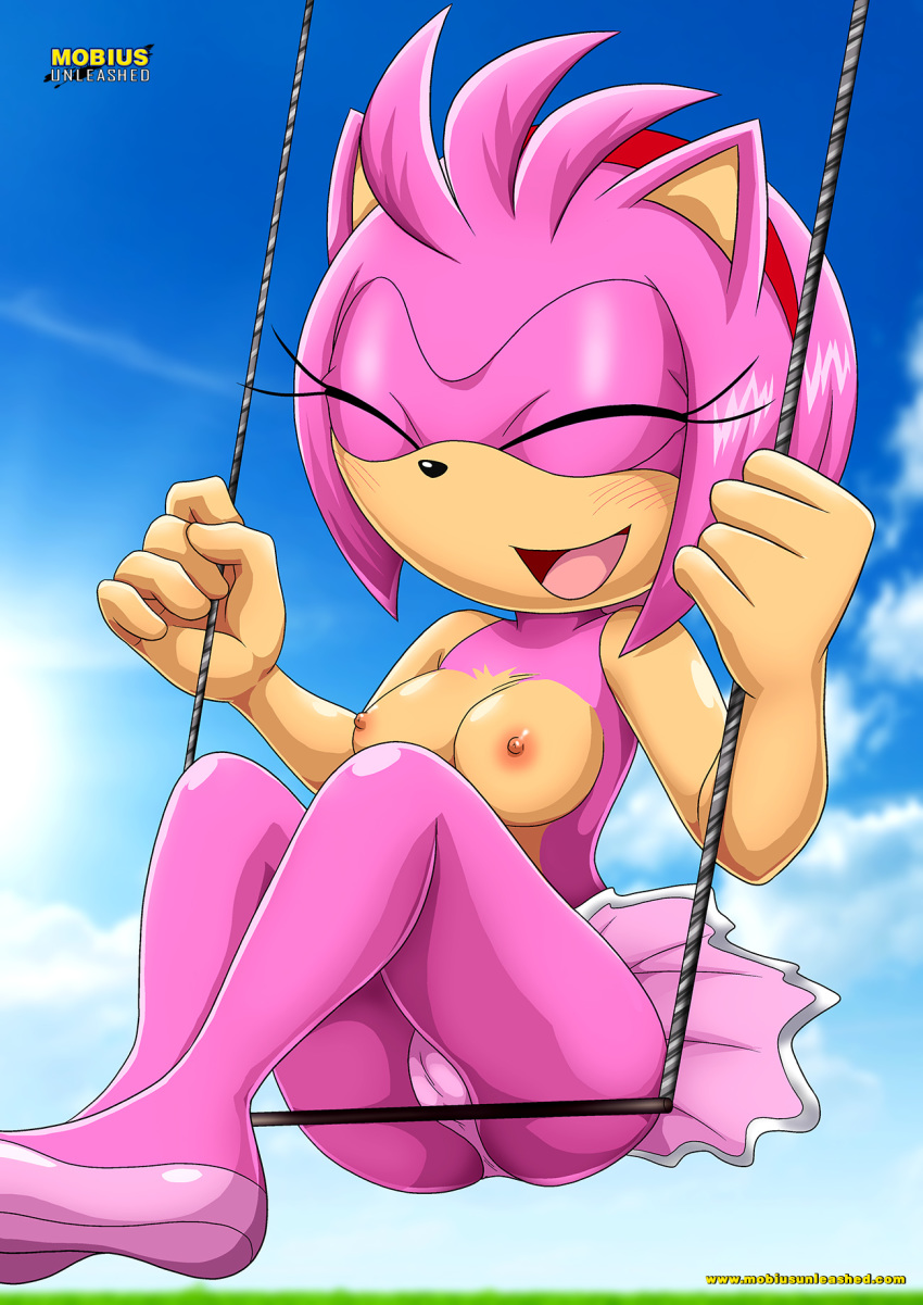 2018 amy_rose ballet_flats bbmbbf blush breasts closed_eyes cute hairband mobius_unleashed nipples palcomix sega skirt smile sonic_(series) sonic_the_hedgehog_(series) swing topless