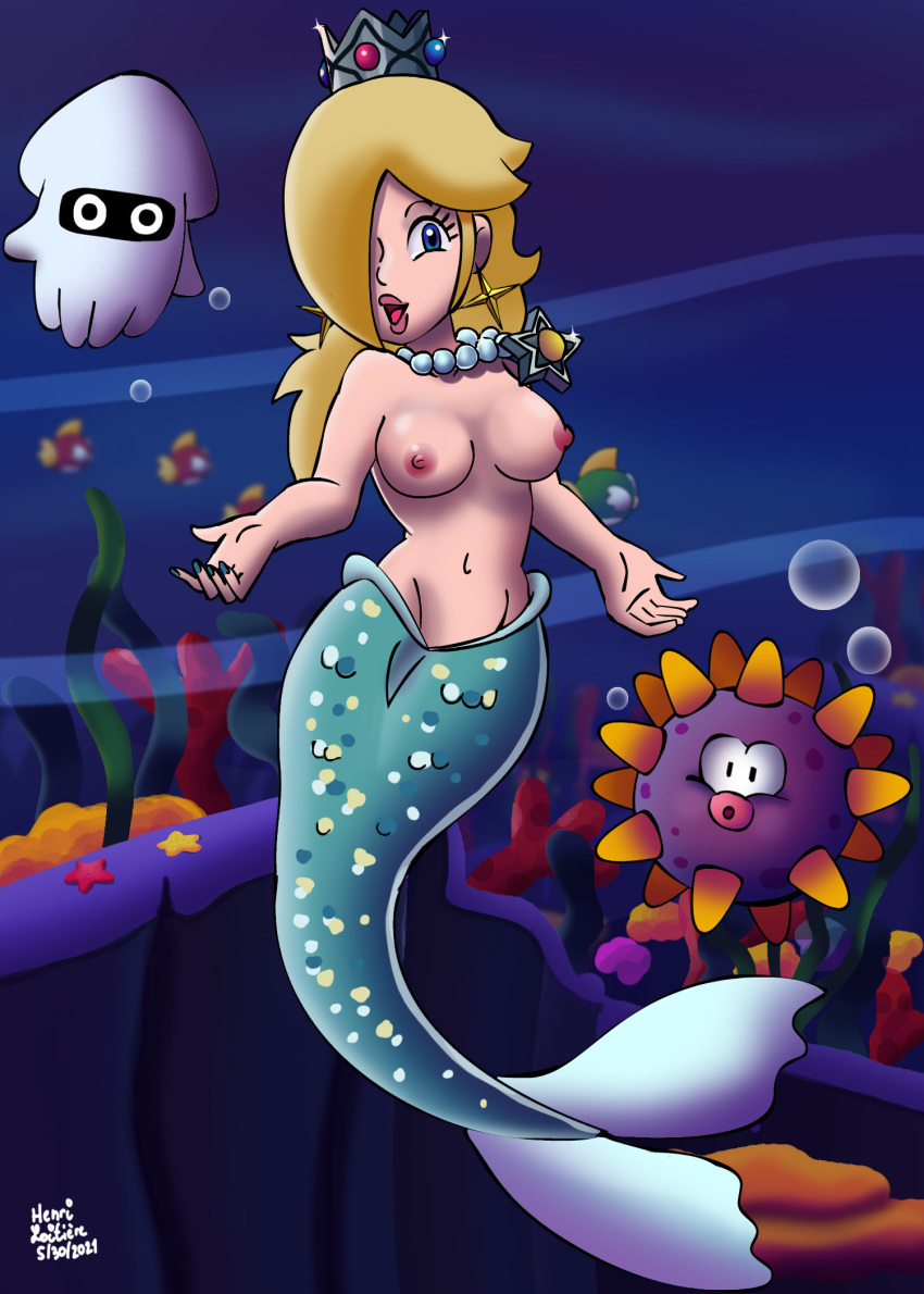 1girl animal_humanoid areola blonde_hair blooper blue_body blue_eyes blue_scales breasts cheep_cheep clothed clothing crown ear_piercing eyelashes female gem hair hair_over_eye hakimurax headgear high_res humanoid jewelry looking_at_viewer marine marine_humanoid mario_(series) merfolk necklace nintendo nipples one_eye_obstructed open_mouth pearl_(gem) pearl_necklace piercing pink_areola pink_nipples princess_rosalina scales solo split_form super_mario_galaxy tan_body tan_skin topless underwater water
