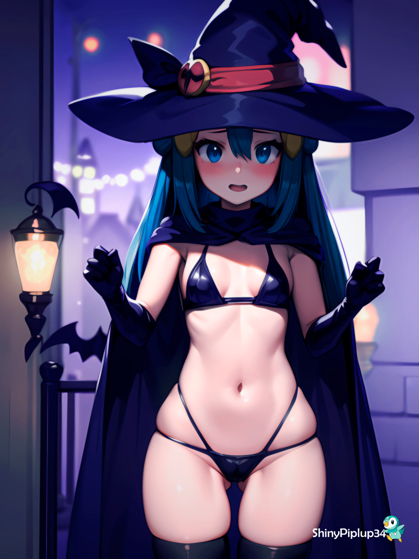 1girl absurd_res ai_generated bikini blue_eyes blue_hair blush cape creatures_(company) dawn female_focus game_freak gloves halloween halloween_costume hat high_res latex_gloves looking_at_viewer navel night night_sky nintendo open_mouth pokemon pokemon_(anime) shinypiplup sky small_breasts stable_diffusion swimsuit witch_hat younger_female