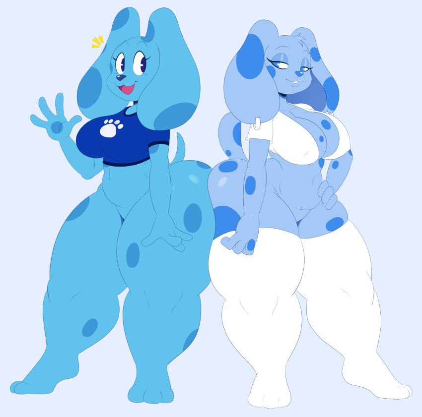 1girl 2018 absurd_res anthro ass ass_to_ass blue's_clues blue_(blue's_clues) bottomless breasts canine clothed clothing cool_colors digital_media_(artwork) dingoringo30 dog duo ear_piercing furry high_res legwear mammal nick_jr. nickelodeon open_mouth open_smile piercing simple_background smile sssonic2 thick_thighs