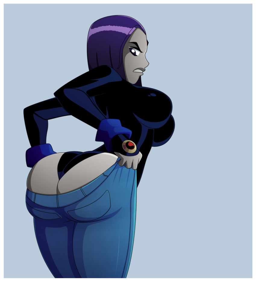 ass ass_focus bare_ass big_breasts breasts dat_ass dc_comics forehead_jewel grey_skin high_resolution jeans large_ass leotard purple_hair raven_(dc) ravenravenraven teen_titans thick_thighs thighs tight_clothes