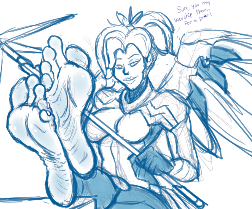 1girl dialogue feet foot_focus human looking_at_viewer mercy_(overwatch) overwatch sketch soles text toes zp92