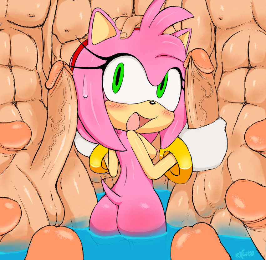 1girl amy_rose animal_ears ass blush breasts cute edit excito furry gloves green_eyes hot nipples nude open_mouth penis pink_hair sexy short_hair sonic tail water