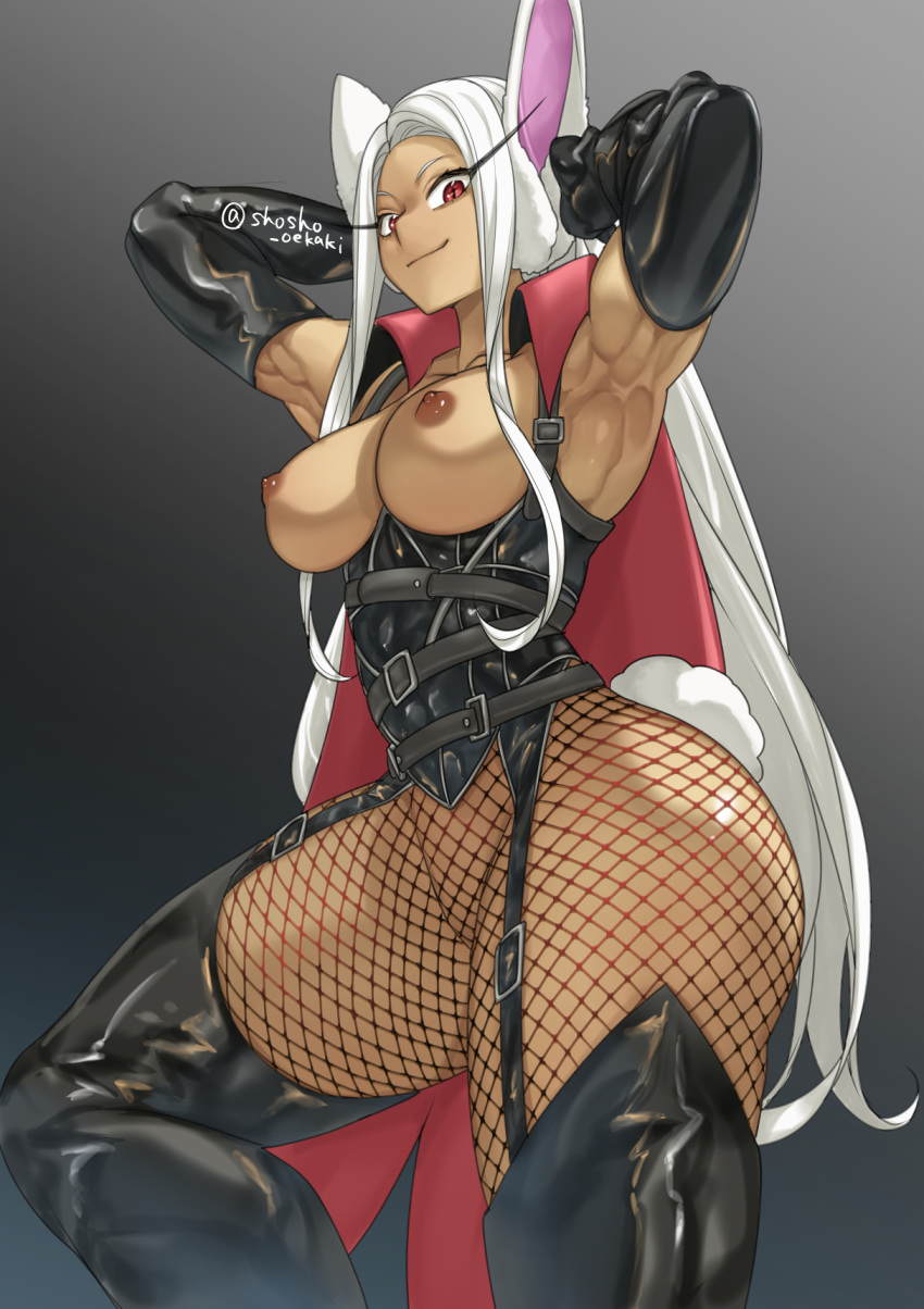 1girl alternate_costume animal_ears armpits arms_up artist_name ass belt big_breasts black_gloves black_legwear breasts bunny_ears bunny_tail cape closed_mouth clothing cosplay crotch_cutout curvaceous curves dark-skinned_female dark_skin doronjo doronjo_(cosplay) elbow_gloves eyelashes female_only fishnet_legwear fishnet_pantyhose fishnets garter_straps gloves gradient_background grey_background high_resolution huge_breasts impossible_clothes latex legwear leotard lingerie long_hair looking_at_viewer looking_down mirko multiple_straps muscle muscular_female my_hero_academia nipples pantyhose red_eyes shosho_oekaki simple_background smile solo_female standing stockings tail time_bokan_(series) topless_female usagiyama_rumi very_long_hair white_hair yatterman