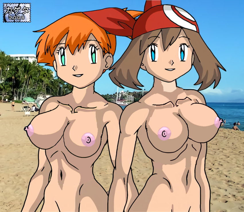 1girl 2008 2_girls 2_girls alluring beach big_breasts brown_hair completely_nude female_abs female_pokemon haruka_(pokemon) kageta kasumi_(pokemon) may may_(pokemon) misty misty_(pokemon) nipples nude orange_hair pokemon voluptuous
