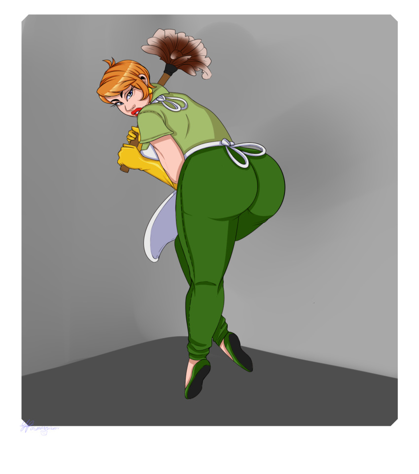 ass dexter's_laboratory dexter's_mom feather_duster huge_ass looking_back milf red_hair red_lipstick short_hair tight_pants