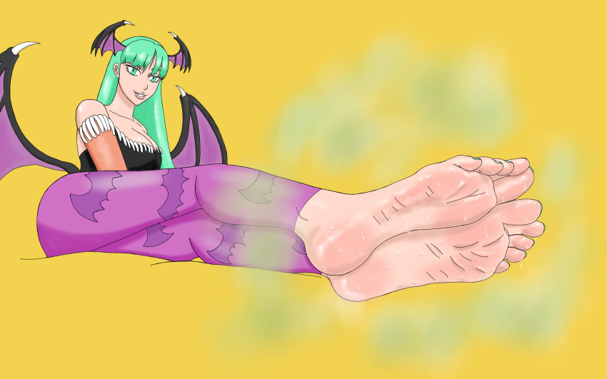 barefoot bsflove darkstalkers feet female green_hair looking_at_viewer morrigan_aensland smelly_feet soles solo sweat toes