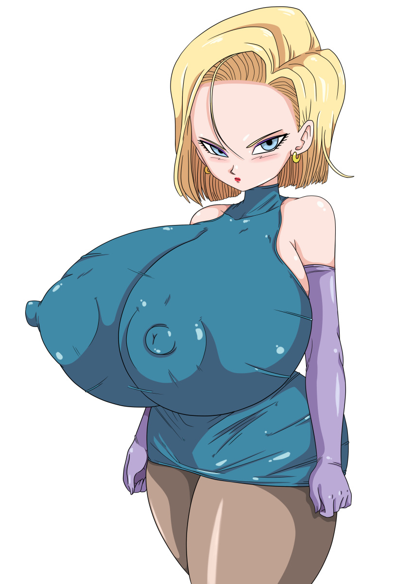android_18 breasts dragon_ball dragon_ball_z erect_nipples female huge_breasts milf nipples solo toshiso_(artist)