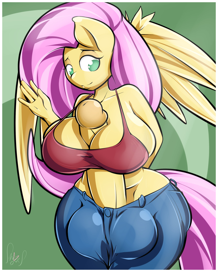 1girl 2018 absurd_res anthro border clothed clothing digital_media_(artwork) equine feathered_wings feathers fluttershy friendship_is_magic furry futanari hair hand_behind_back high_res humanoid_penis long_hair mammal my_little_pony pegasus penis sanders white_border wings