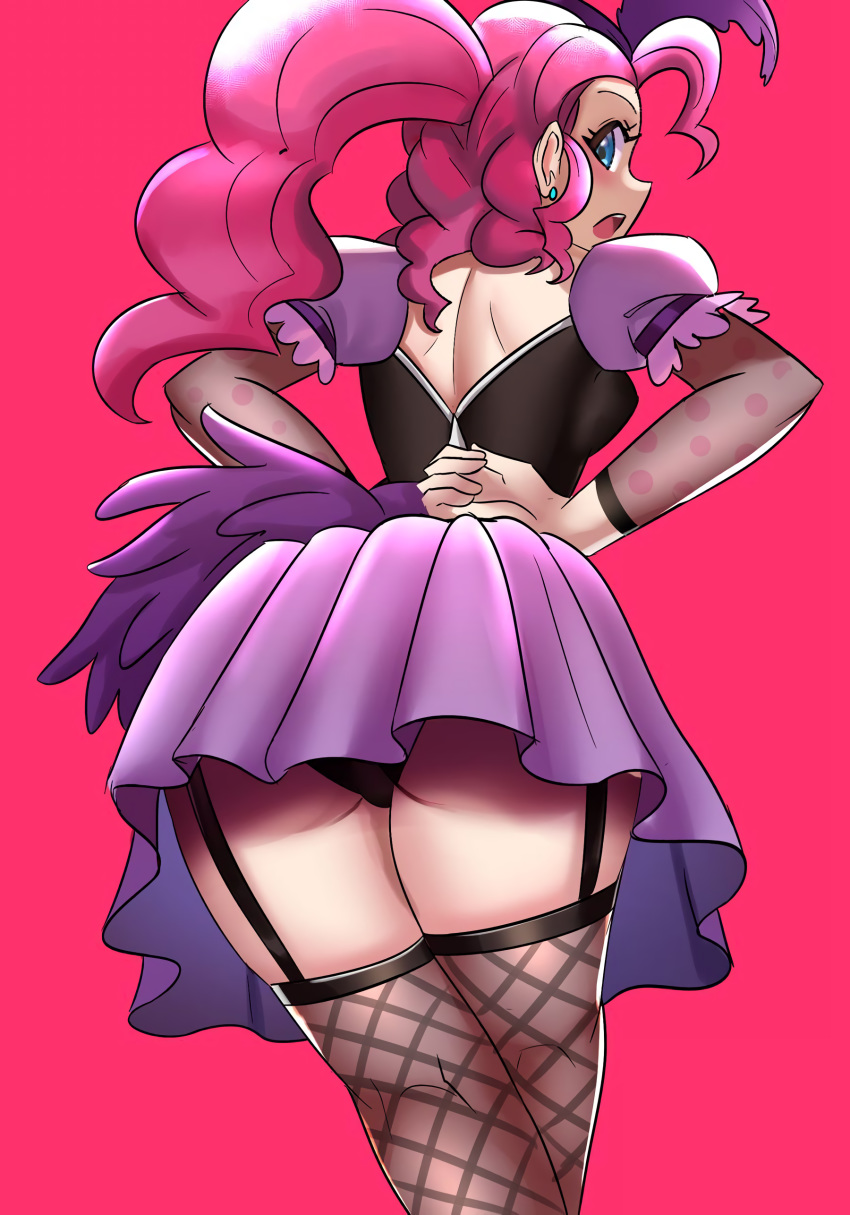 1girl ass blue_eyes clothed dress female female_only fishnet_stockings friendship_is_magic garter_straps humanized kneepits long_hair long_pink_hair looking_at_viewer my_little_pony panties pink_hair pinkie_pie pinkie_pie_(mlp) solo standing stockings upskirt