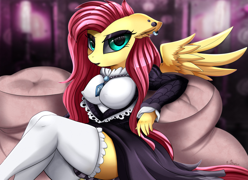 1girl 1girl 2018 absurd_res anthro cameltoe clothed clothing digital_media_(artwork) ear_piercing equine eyelashes feathered_wings feathers fluttershy_(mlp) friendship_is_magic furry hair high_res legwear long_hair looking_at_viewer makeup mammal my_little_pony pegasus piercing pridark wings