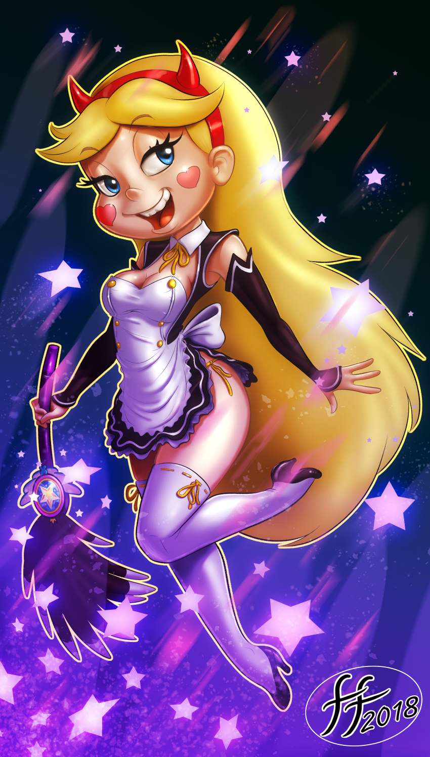 2018 big_breasts breasts cleavage duster female fernando_faria_(artist) looking_at_viewer maid maid_uniform smile solo star_butterfly star_vs_the_forces_of_evil tease wand weapon