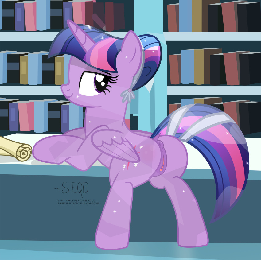 1girl 2018 alicorn alternate_hairstyle animal_genitalia animal_pussy anus ass bedroom_eyes book bookshelf clitoral_winking clitoris counter crystal_pony_(mlp) cutie_mark dock equine equine_pussy eyebrows eyelashes feathered_wings feathers female female_only feral friendship_is_magic full-length_portrait hair hairband half-closed_eyes high_res horn inside inviting leaning leaning_forward library looking_back makeup mammal mascara multicolored_hair my_little_pony nude pinup pony portrait pose presenting presenting_hindquarters puffy_anus purple_eyes pussy pussy_juice scroll seductive shutterflyeqd signature smile solo sparkles standing tail text twilight_sparkle twilight_sparkle_(mlp) wings
