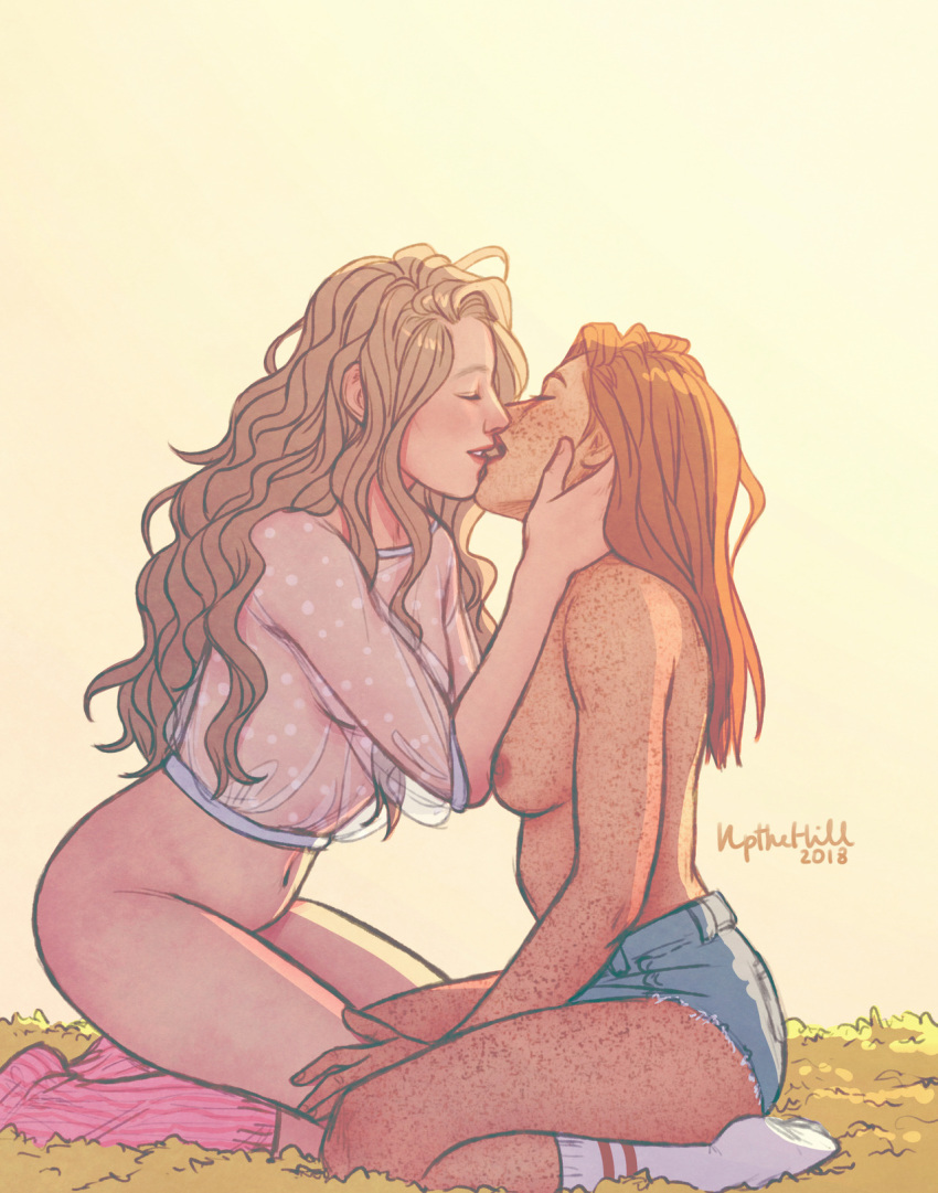 2girls breasts closed_eyes female female_only freckles ginny_weasley harry_potter kissing kneel luna_lovegood mostly_nude upthehill yuri