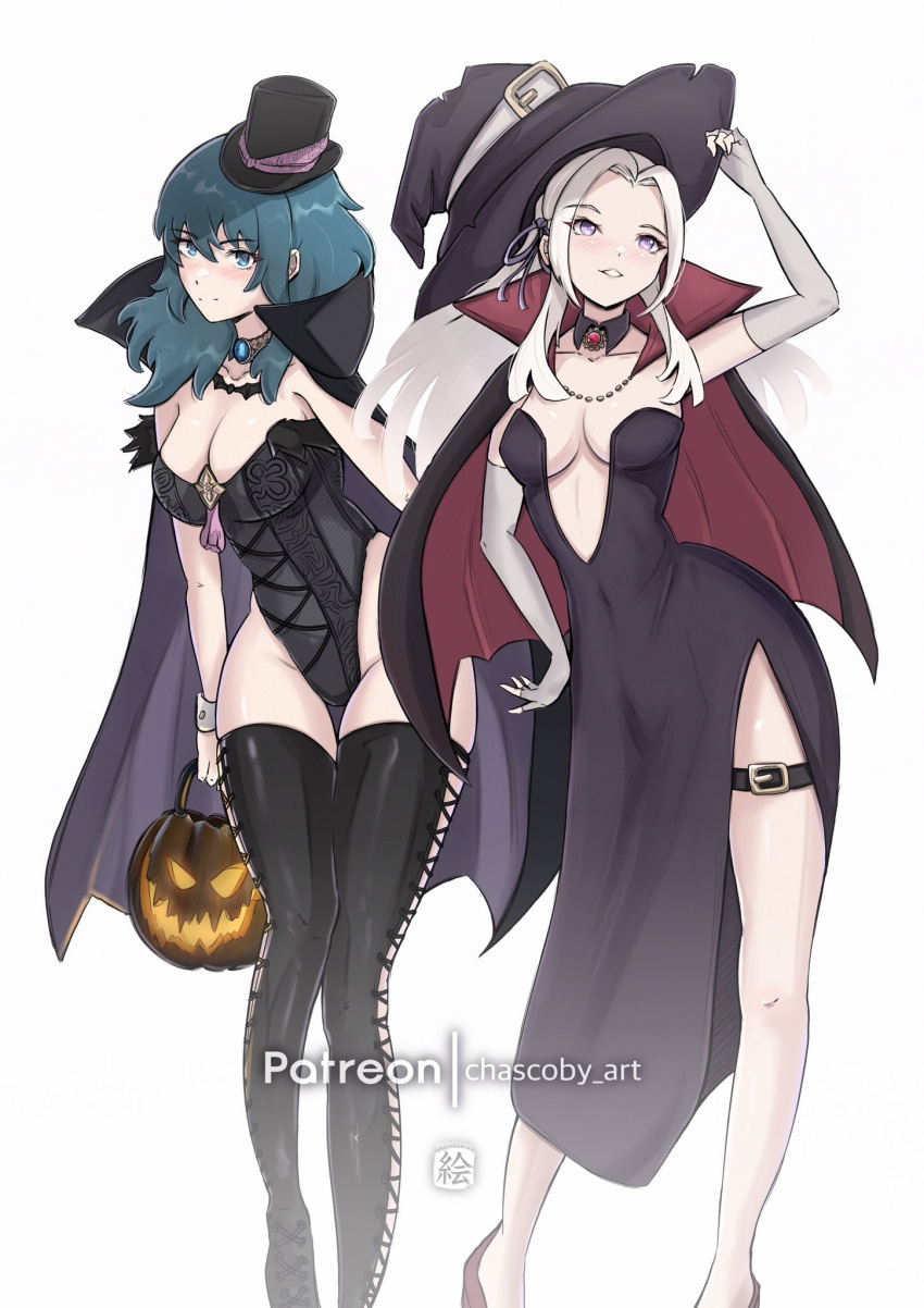 2023 2_girls alluring alternate_costume artist_name big_breasts blue_eyes breasts byleth_(fire_emblem) byleth_(fire_emblem)_(female) cape chascoby choker cleavage edelgard_von_hresvelg female_only fire_emblem fire_emblem:_three_houses gloves hair_between_eyes hair_ornament hair_ribbon halloween high_res jack-o'-lantern light-skinned_female light_skin nintendo plain_background purple_eyes stockings teal_hair thick_thighs watermark white_background white_hair witch_hat wrist_cuffs