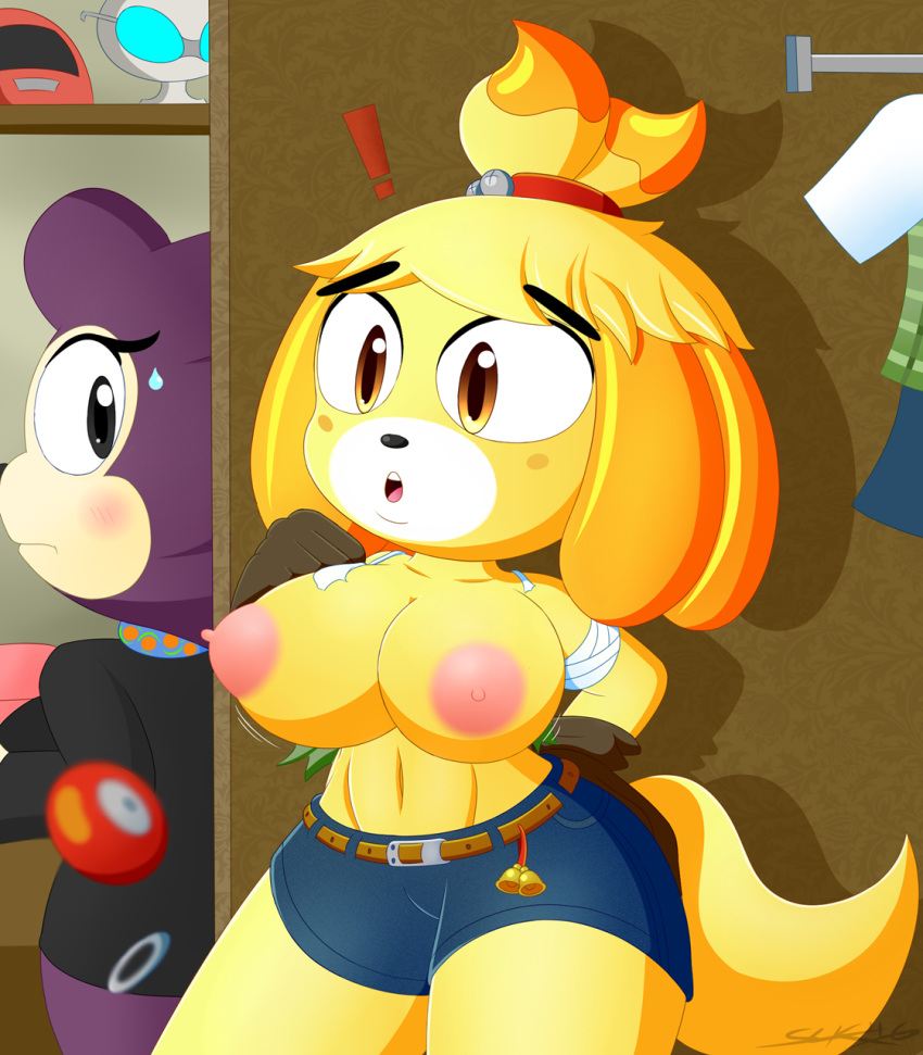 1girl animal_crossing anthro big_breasts breasts canine clothed clothing dog fur furry hair isabelle_(animal_crossing) looking_at_viewer mammal nintendo partially_clothed short_stack slickehedge video_games wardrobe_malfunction