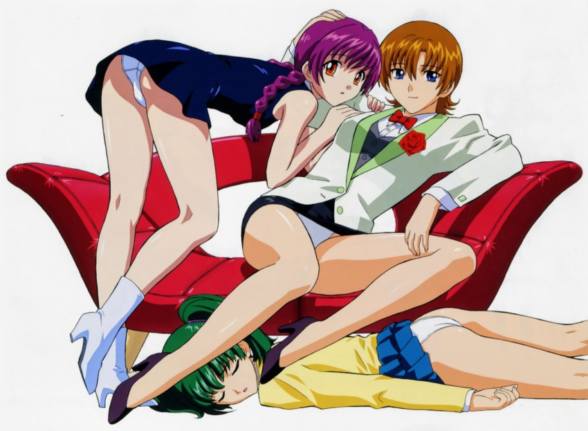 3girls :) :o ass bare_legs black_dress black_skirt blue_eyes bow bowtie braid brown_hair character_request closed_eyes closed_mouth dress formal green_hair hiiragi_najica humarittt_zzz_lila legs lila long_hair long_sleeves looking_at_viewer looking_back multiple_girls najica_blitz_tactics najica_hiiragi official_art orange_eyes panties pencil_skirt purple_hair red_bow red_bowtie short_dress short_hair skirt sleeping sleeveless sleeveless_dress smile suit tagme twin_braids twin_tails unconscious white_panties