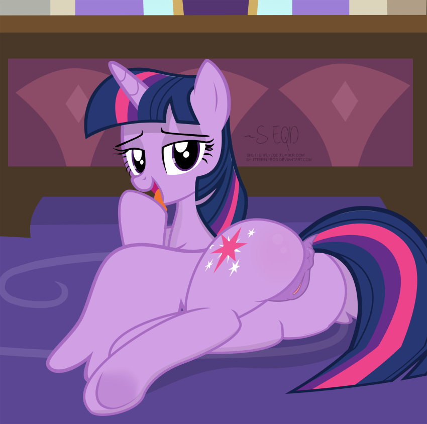 1girl 2018 alicorn animal_genitalia animal_pussy anus ass bedroom_eyes cutie_mark dock equine equine_pussy eyebrows eyelashes female female_only feral friendship_is_magic hair half-closed_eyes high_res horn inside looking_at_viewer looking_back lying mammal multicolored_hair my_little_pony pony pussy seductive shutterflyeqd smile solo tail tongue tongue_out twilight_sparkle twilight_sparkle_(mlp) wings
