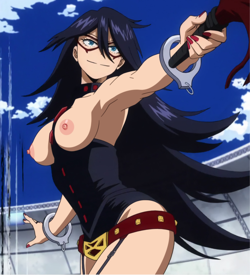 1_girl 1girl areola belt blue_eyes blue_hair cloud cropped_legs erect_nipples eyebrows_visible_through_hair high_resolution holding_weapon large_filesize long_hair looking_ahead looking_at_viewer midnight_(my_hero_academia) my_hero_academia nipples nude_filter open_clothes outstretched_arms photoshop sky standing third-party_edit very_high_resolution