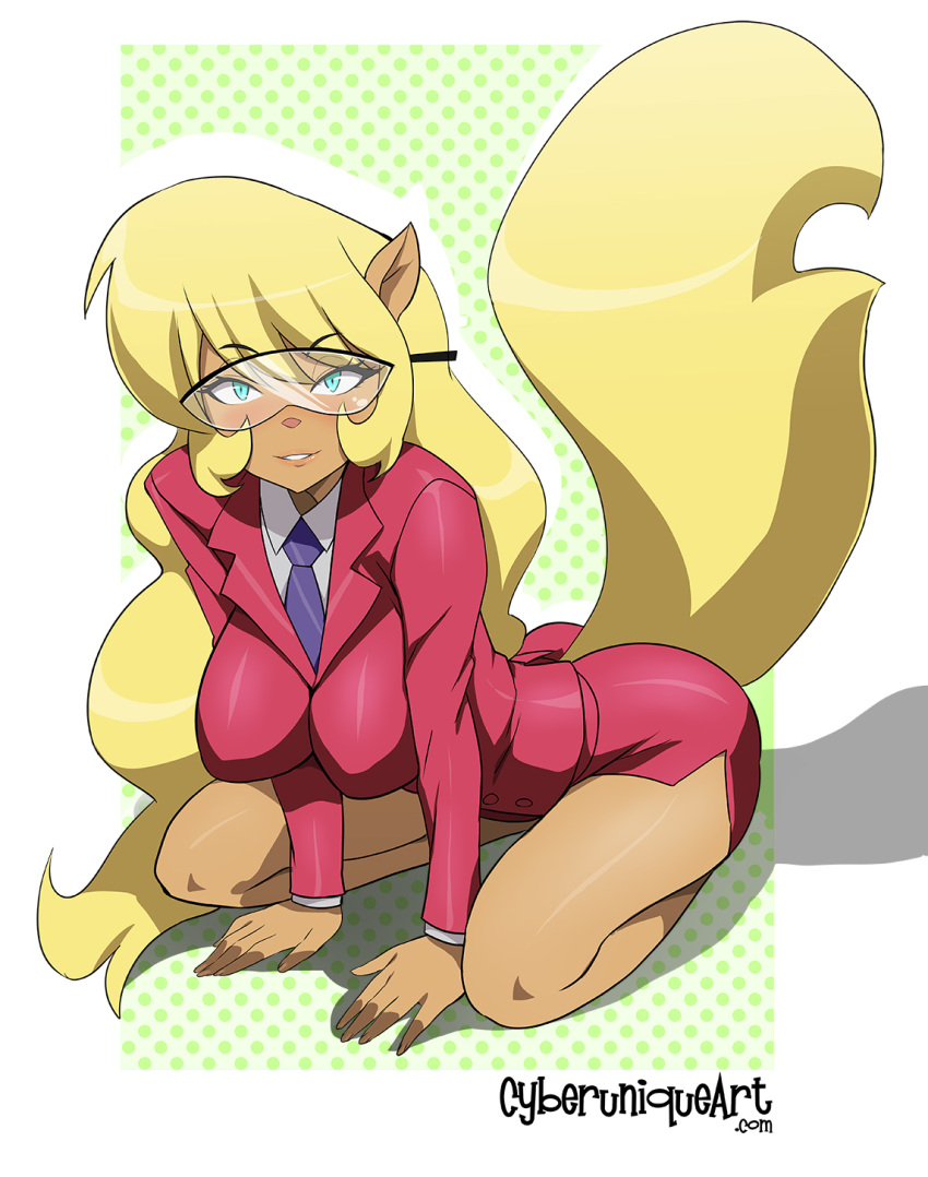 1girl animal_ears aqua_eyes arm_support big_breasts blonde_hair breasts callie_briggs cat_ears cat_girl cat_tail catgirl cyberunique feline female_only formal full_body glasses kneel lips long_hair long_sleeves looking_at_viewer neck_tie office_lady parted_lips pencil_skirt purple_necktie red_skirt red_suit shadow side_slit skirt smile suit swat_kats tail