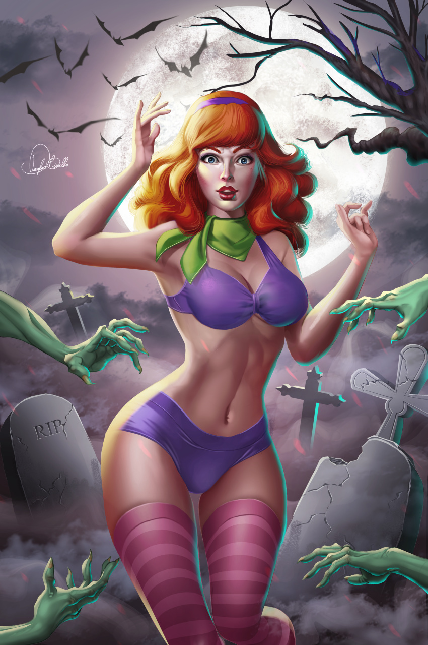 1_girl 1girl bats bra daphne_blake female female_human full_moon graveyard hairband human looking_at_viewer mostly_nude night outdoor outside panties purple_bra purple_hairband purple_panties red_hair redhead scooby-doo stockings striped_legwear striped_stockings zombie