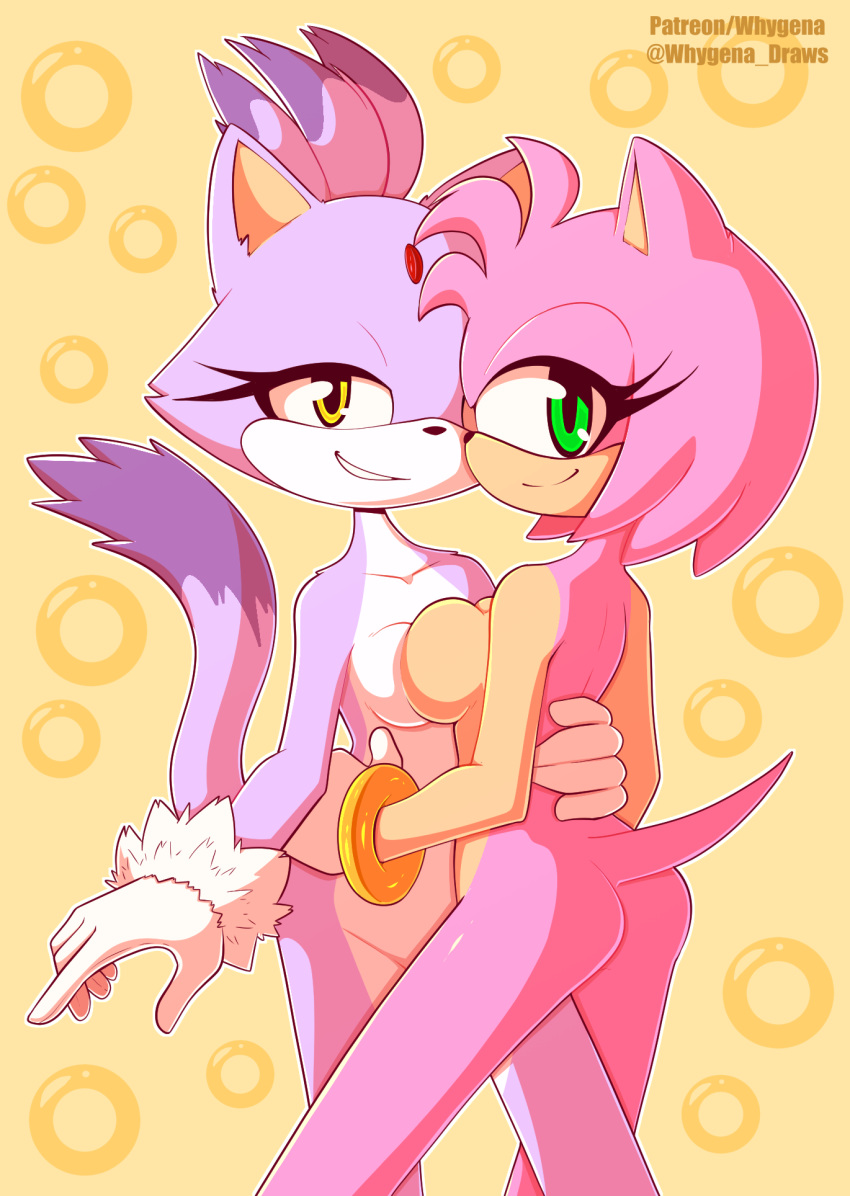 1girl amy_rose anthro ass blaze_the_cat bracelet breast_squish breasts breasts_frottage cat cute dipstick_tail duo feline female/female furry green_eyes hand_behind_back hand_on_hip hedgehog jewelry looking_at_viewer looking_back mammal mostly_nude multicolored_tail pinup pose sega side_boob simple_background smile two_tone_body whygena yellow_background yellow_eyes