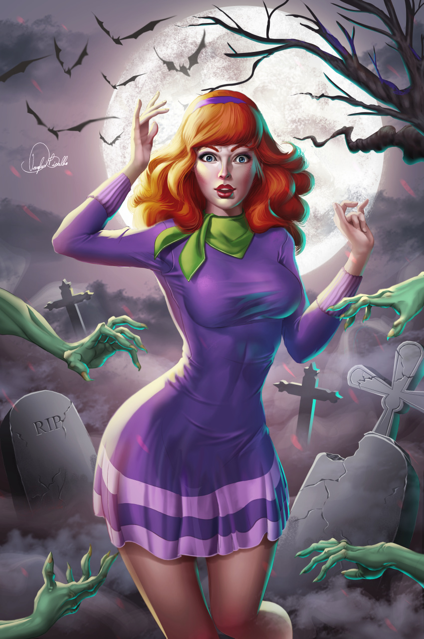 1_girl 1girl bats clothed daphne_blake dress female female_human full_moon graveyard hairband human looking_at_viewer night outdoor outside purple_dress purple_hairband red_hair redhead scooby-doo zombie