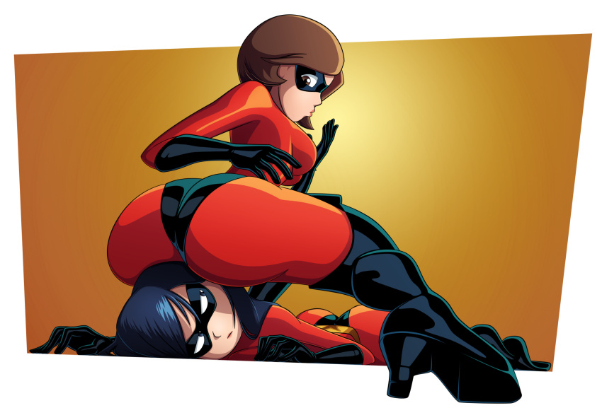 2girls ass big_ass big_breasts bodysuit breasts dat_ass daughter facesitting female female_only helen_parr incest looking_back looking_down milf mother_and_daughter ravenravenraven the_incredibles violet_parr yuri