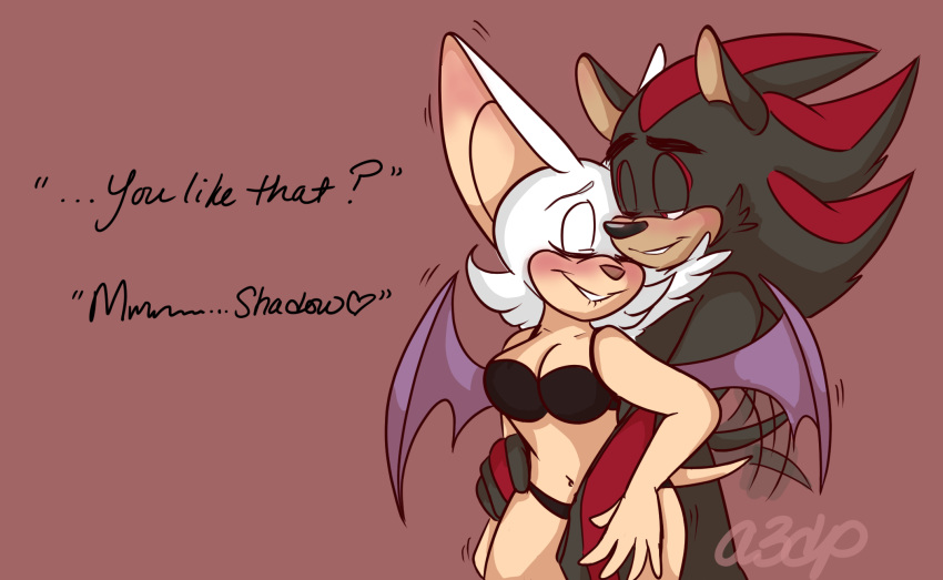 &lt;3 1girl a3dp anthro bat blush clothing duo english_text furry hedgehog male male/female mammal membranous_wings rouge_the_bat sega shadow_the_hedgehog smile tailwag text wings
