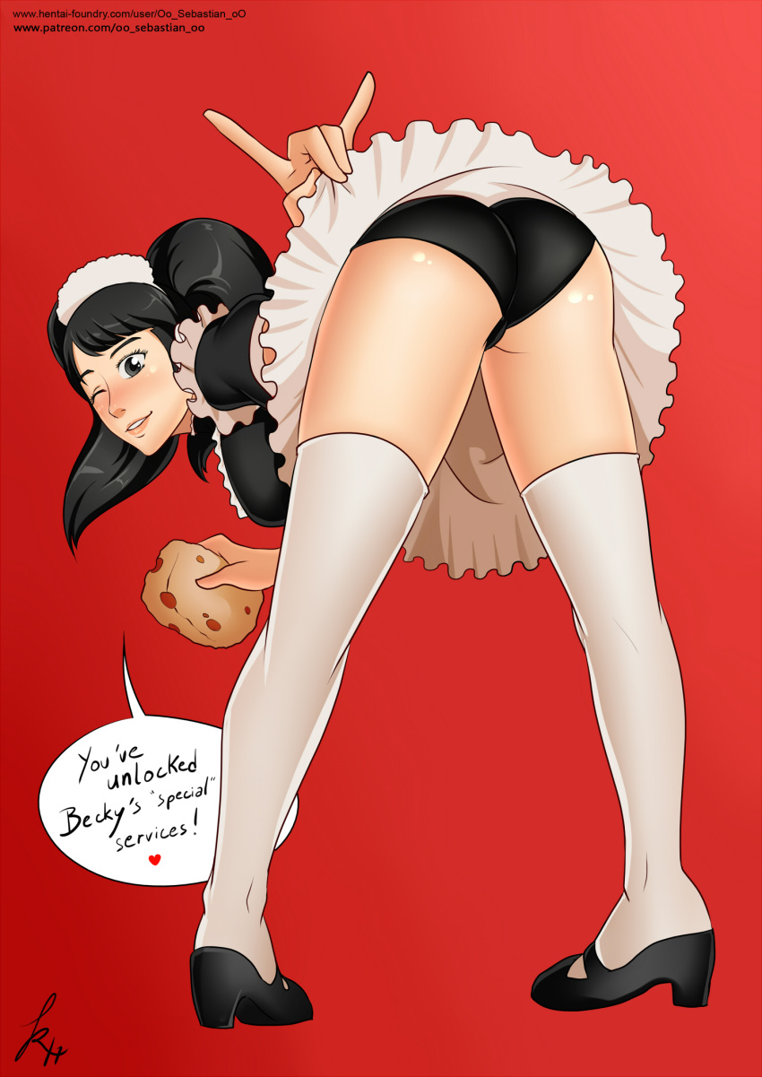 1girl ass bent_over big_ass big_breasts black_panties breasts clothed dat_ass dress dress_lift female female_only kawakami_sadayo looking_at_viewer looking_back maid maid_headdress maid_outfit maid_uniform oo_sebastian_oo persona persona_5 solo speech_bubble standing stockings text wink