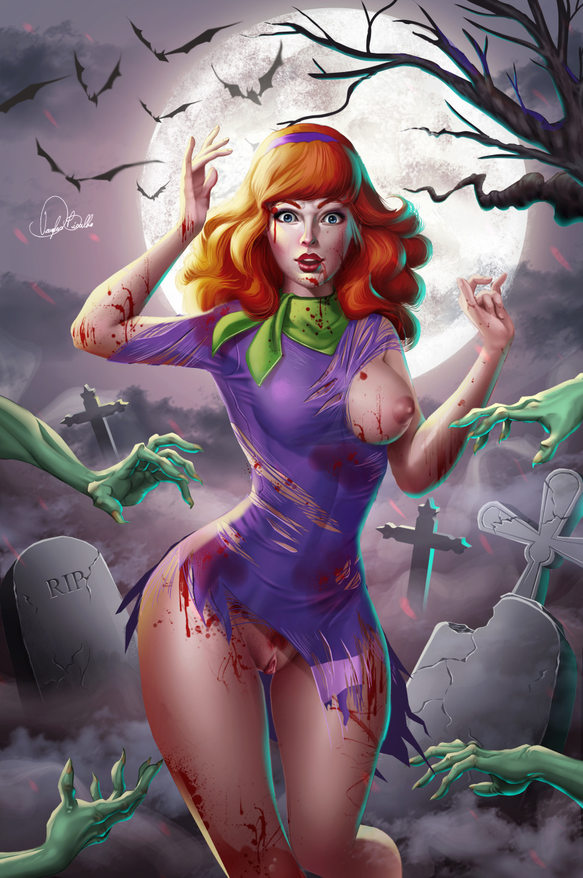 1_girl 1girl bats blood carpet_matches_the_drapes daphne_blake exposed_breasts female female_human female_pubic_hair full_moon graveyard hairband human looking_at_viewer night no_bra no_panties outdoor outside partially_clothed pubic_hair purple_hairband pussy red_hair red_pubic_hair redhead scooby-doo torn_dress zombie