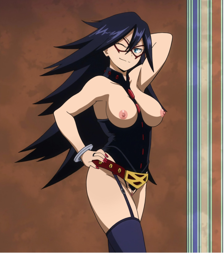 1_female 1_girl 1girl areola belt blue_eyes blue_hair bracelet eyebrows_visible_through_hair high_resolution jewelry long_hair looking_at_viewer midnight_(my_hero_academia) my_hero_academia nipples nude_filter one_eye_closed photoshop pubic_hair pussy screen_capture smile standing very_high_resolution