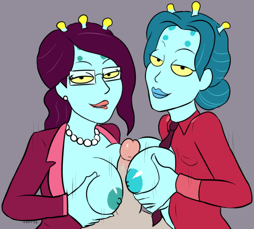 2girls big_breasts biting_lip breasts clothed double_paizuri looking_at_viewer male_pov nipples open_clothes paizuri pov rick_and_morty sideboob symmetrical_docking tagme threesome unity_(rick_and_morty) xxxx52